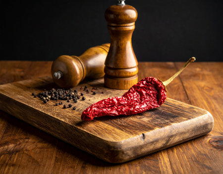 Two wooden pepper grinders and a dried red chili pepper are arranged on a cutting board with peppercorns on a wooden surface.の素材