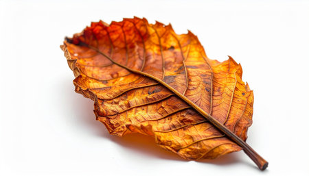 A close-up, textured view of a single dried leaf with serrated edges and distinct veins, presented on a white background.の素材