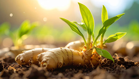 A turmeric rhizome with fresh green sprouts is growing in rich brown soil, illuminated by the warm glow of sunrise.の素材