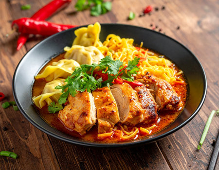 Keywords: showing asian noodle soup with dumplings, sliced chicken, and red chili peppers keywords: asian food, noodle soup, dumplings, chicken,...の素材