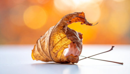 A withered brown leaf with a visible stem lies on a white surface, set against a warm, blurred bokeh background.の素材