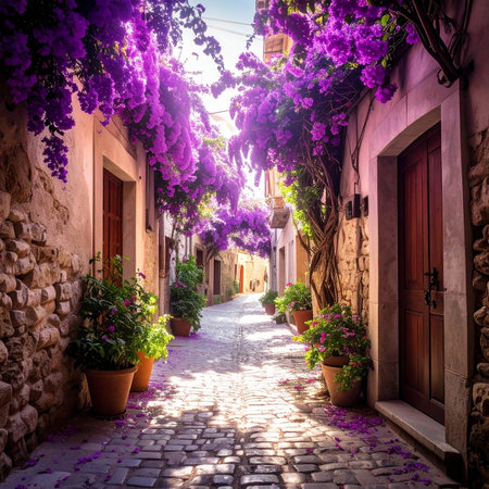 A sun-dappled cobblestone alleyway in a Mediterranean village, lined with stone buildings and draped in vibrant purple bougainvillea.の素材