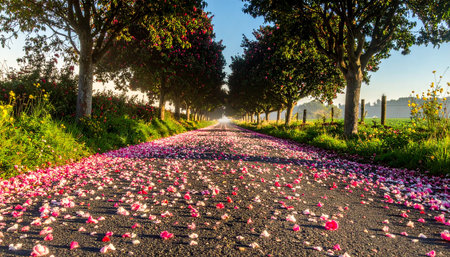 A country lane is carpeted with scattered pink petals from blooming trees, bathed in sunlight under a clear blue sky.の素材