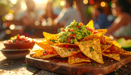 A close-up of crispy nachos topped with fresh guacamole and diced tomatoes on a wooden board, with a bowl of salsa in the background and blurred...の素材