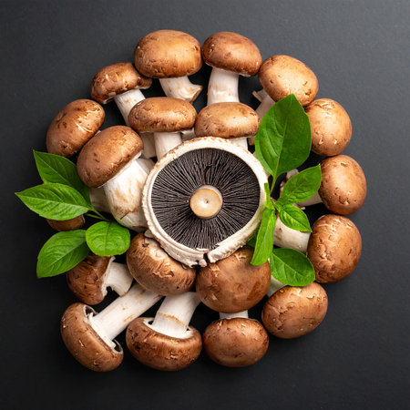 A circular arrangement of fresh brown mushrooms and vibrant green basil leaves on a dark, textured surface.の素材