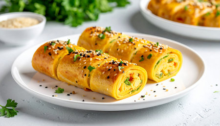 Two savory egg rolls filled with vegetables and topped with sesame seeds and parsley on a white plate.の素材