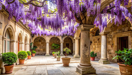 A picturesque courtyard with ancient stone architecture, featuring arches and columns draped in abundant, cascading purple wisteria flowers.の素材