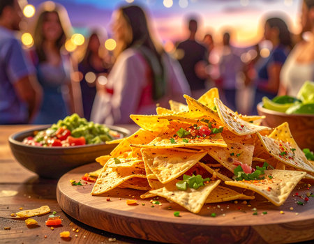 A close-up of a nacho platter with guacamole and salsa, set against a blurred backdrop of people at an evening outdoor party with festive lights.の素材