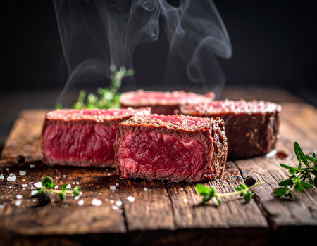 Four raw beef steaks are presented on a textured wooden board, with steam rising and garnished with herbs and salt.の素材