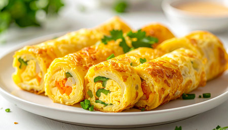 Golden brown egg rolls filled with scrambled eggs and colorful vegetables are presented on a white plate, garnished with fresh parsley.の素材