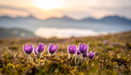 A cluster of purple pasqueflowers with fuzzy stems glows in the golden light of sunrise in a meadow with distant mountains.の素材