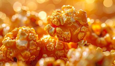 Extreme close-up of caramel popcorn with a glossy coating, illuminated by warm golden bokeh lights in the background.の素材