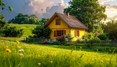 An idyllic yellow cottage is bathed in golden sunset light, surrounded by a meadow of flowers and dramatic clouds in the sky.の素材