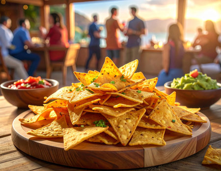 A generous pile of seasoned tortilla chips with bowls of guacamole and salsa on a wooden board, set against a blurred backdrop of people dining...の素材