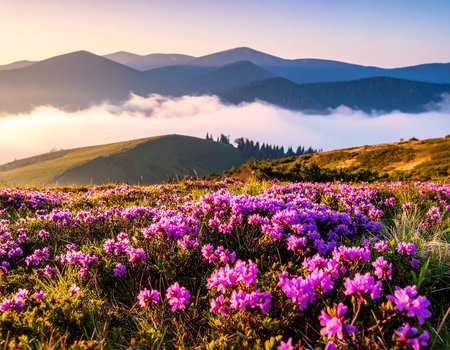 A sun-drenched meadow of blooming purple rhododendrons stretches towards rolling hills and misty mountains bathed in the warm light of sunrise.の素材