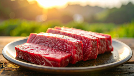 Sliced raw beef steaks with visible marbling sit on a plate on a wooden surface, bathed in the warm glow of a sunset.の素材