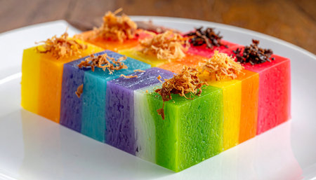 Rectangular slices of colorful rainbow jelly dessert are topped with crispy fried shallots and presented on a white plate.の素材