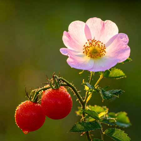 A pink wild rose with water droplets is shown with two red cherry tomatoes on a stem, bathed in soft, warm sunlight.の素材