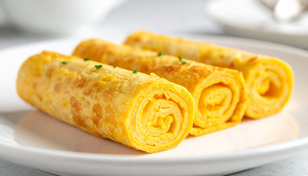 Three golden rolled omelettes with a visible swirled egg texture, lightly garnished with chives, presented on a white plate in a close-up shot.の素材