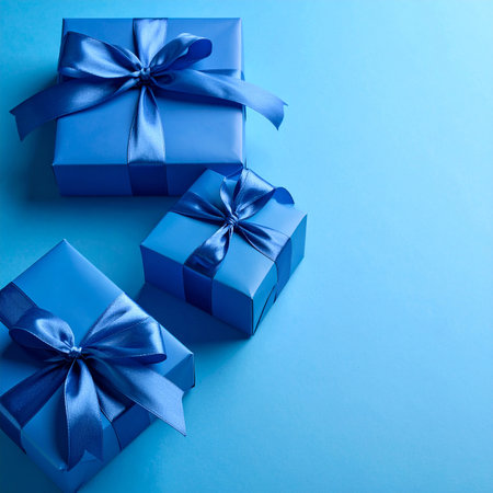 Romantic showing three blue gift boxes with satin ribbons and bows arranged diagonally on a blue background keywords: gift, present, box, blue,...の素材