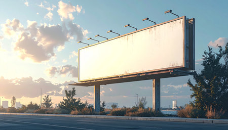 Empty billboard sign on concrete pillars by a road with a sunset sky, ready for advertisingの素材
