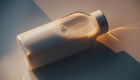 Photo showing glass bottle of white liquid with foam and sunlight reflections. High resolution image suitable...の素材