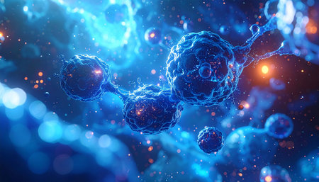 Cluster of blue cells with internal orange light and connections, surrounded by bokeh lights in a dark space.の素材