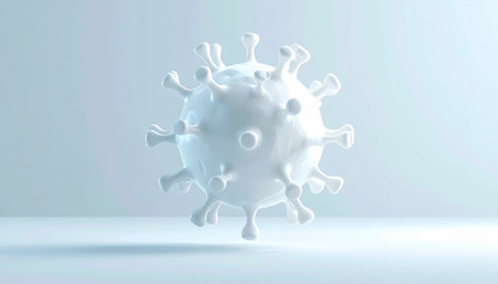 A white 3D rendered coronavirus particle floats against a soft light blue background.の素材