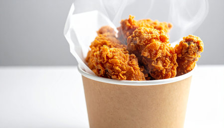 Hot fried chicken pieces with steam rising from a brown paper cup container. Clear details and vibrant colors ...の素材