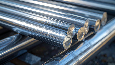 A close-up perspective of many shiny, brushed metal rods arranged in rows, catching industrial light.の素材