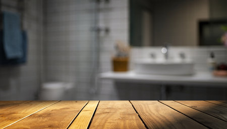 A wooden table surface is in the foreground, with a blurred modern bathroom interior in the background.の素材