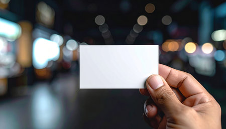 A hand holds a blank white business card with blurred city lights and bokeh in the background.の素材