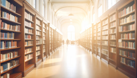 A sunlit library hallway with tall wooden bookshelves filled with books on both sides.の素材