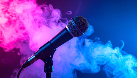 A microphone on a stand is surrounded by pink and blue smoke and colored lighting Clear details and vibrant co...の素材