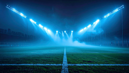 An empty soccer stadium at night, illuminated by bright blue floodlights creating a foggy, atmospheric scene.の素材