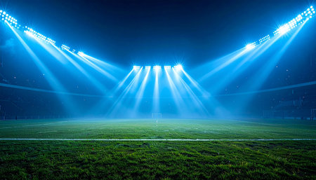 A soccer stadium at night with powerful floodlights casting blue light beams across an empty green field.の素材