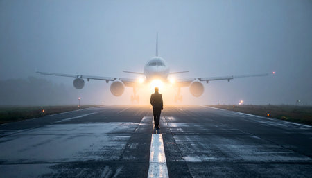 A man stands on a wet runway facing an airplane with its bright headlights on in the fog.の素材