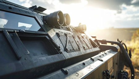 Close-up of an armored military vehicle with spotlights and sun flare in the background.の素材