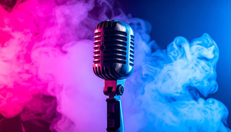 A vintage microphone stands amidst swirling pink and blue smoke with dramatic lightingの素材