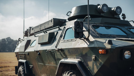 A detailed close-up of a green camouflaged military armored vehicle's exterior with antennas and windows.の素材