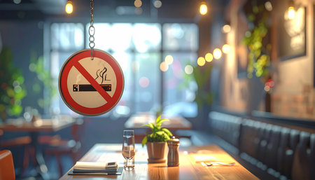 A no smoking sign is displayed in a restaurant, with a table setting including a glass and a small plant in...の素材