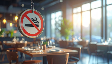 A no smoking sign hangs in a restaurant dining area with tables and chairs, bathed in sunlight.の素材
