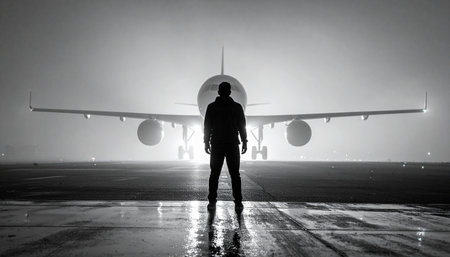 A black and white silhouette of a man stands on a wet runway facing an airplane with bright lights.の素材