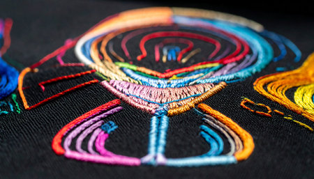 Macro shot of vibrant, colorful abstract embroidery in rainbow hues on black fabric.の素材