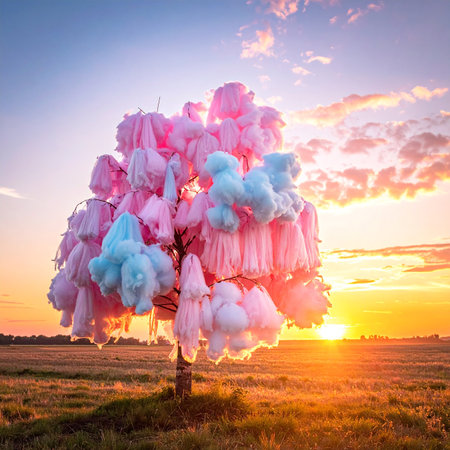 A surreal tree with pink and blue cotton candy fluff hanging from its branches stands in a grassy field during a vibrant sunset.の素材
