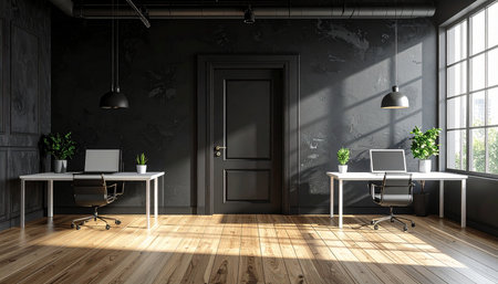(38) showing modern black office interior with desks and laptops. High resolution image suitable for...の素材