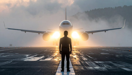 Silhouette of a man on a wet airport runway facing a large airplane with bright lights.の素材
