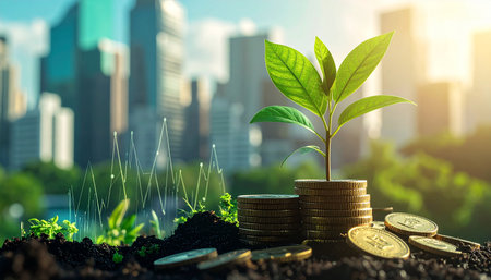 A young green plant sprouts from a stack of coins, with a faint financial graph and city skyline behind it.の素材