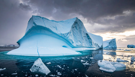 A large, sculpted iceberg floats in deep blue ocean water under a dramatic, cloudy sky with hints of sunlight breaking through.の素材