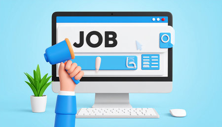 A cartoon hand holds a blue megaphone near a computer screen displaying a job search interface with the word JOB.の素材